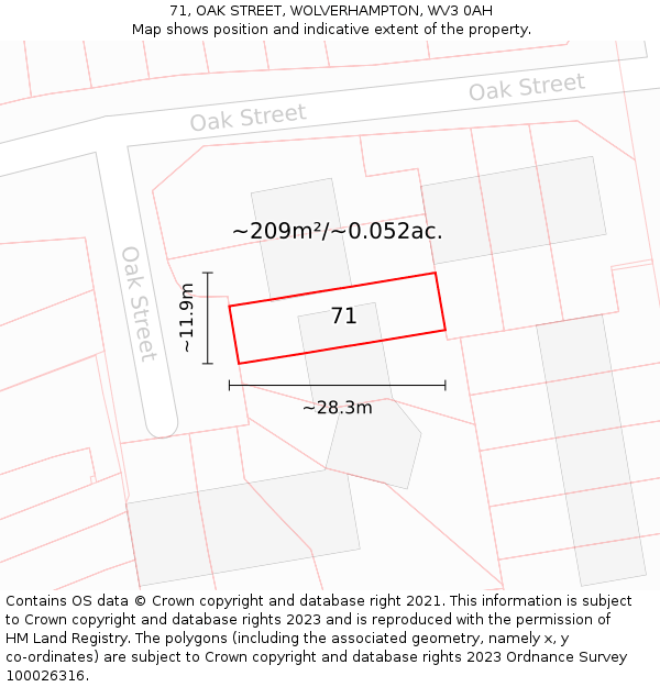 71, OAK STREET, WOLVERHAMPTON, WV3 0AH: Plot and title map