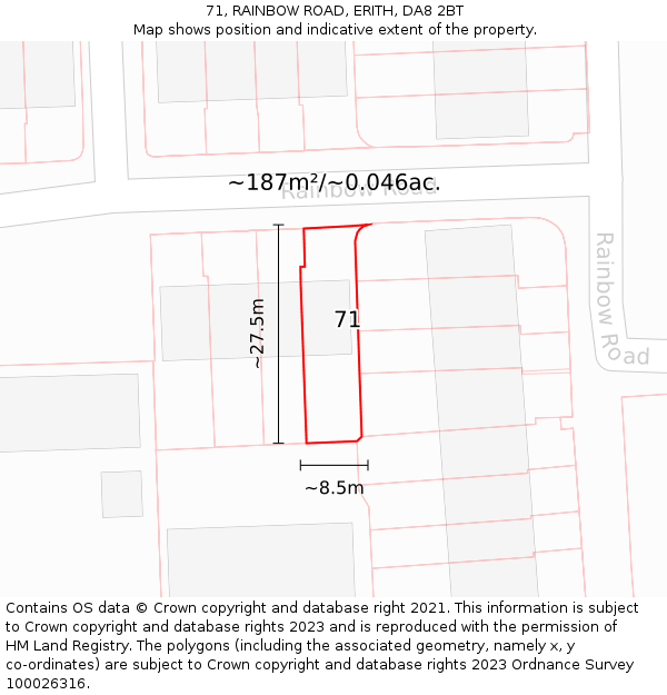 71, RAINBOW ROAD, ERITH, DA8 2BT: Plot and title map