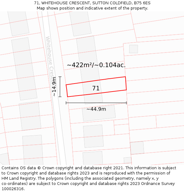 71, WHITEHOUSE CRESCENT, SUTTON COLDFIELD, B75 6ES: Plot and title map