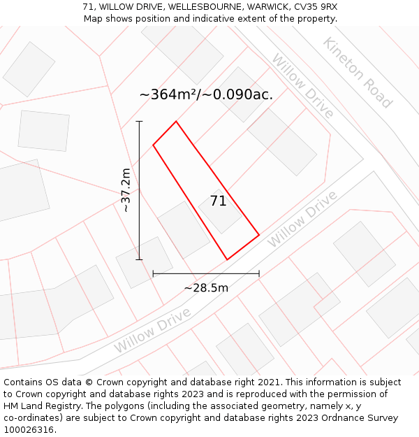 71, WILLOW DRIVE, WELLESBOURNE, WARWICK, CV35 9RX: Plot and title map
