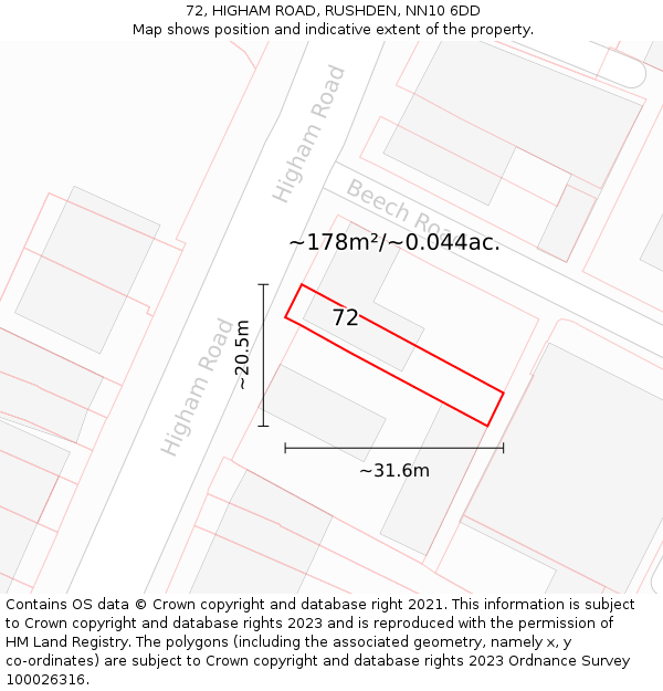 72, HIGHAM ROAD, RUSHDEN, NN10 6DD: Plot and title map