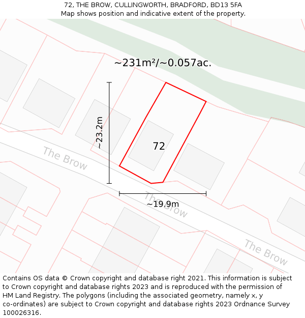 72, THE BROW, CULLINGWORTH, BRADFORD, BD13 5FA: Plot and title map