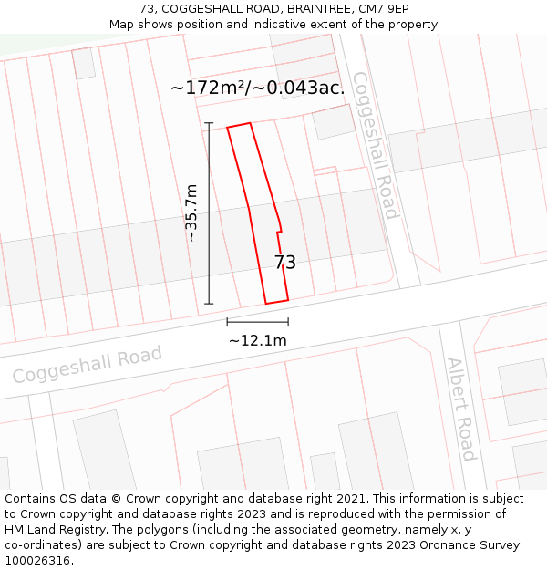73, COGGESHALL ROAD, BRAINTREE, CM7 9EP: Plot and title map