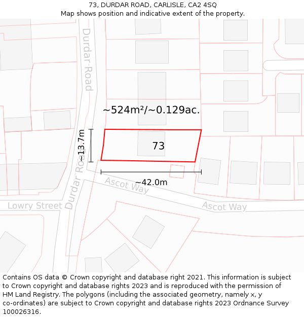 73, DURDAR ROAD, CARLISLE, CA2 4SQ: Plot and title map