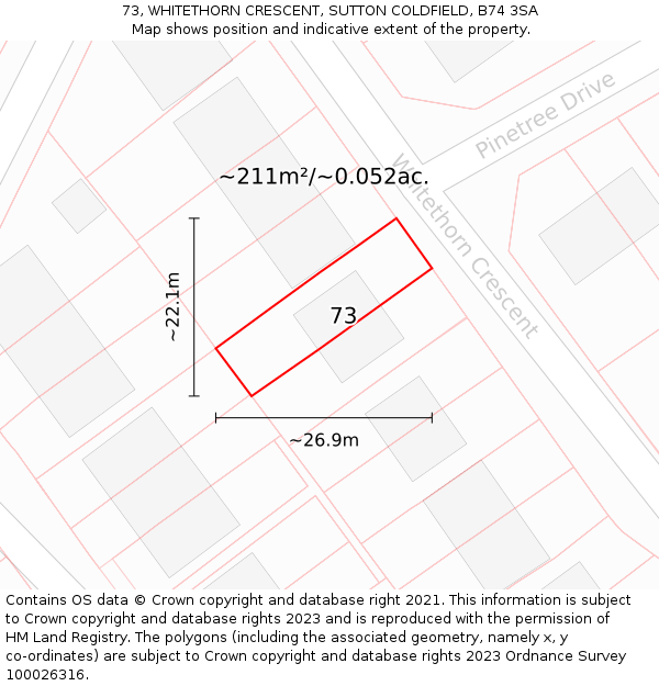 73, WHITETHORN CRESCENT, SUTTON COLDFIELD, B74 3SA: Plot and title map