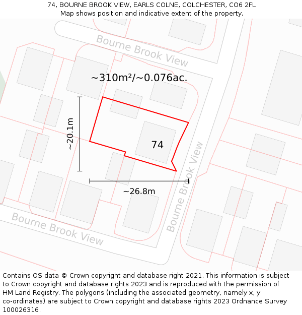 74, BOURNE BROOK VIEW, EARLS COLNE, COLCHESTER, CO6 2FL: Plot and title map
