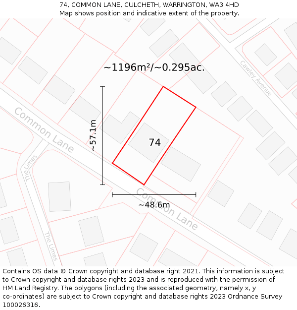 74, COMMON LANE, CULCHETH, WARRINGTON, WA3 4HD: Plot and title map