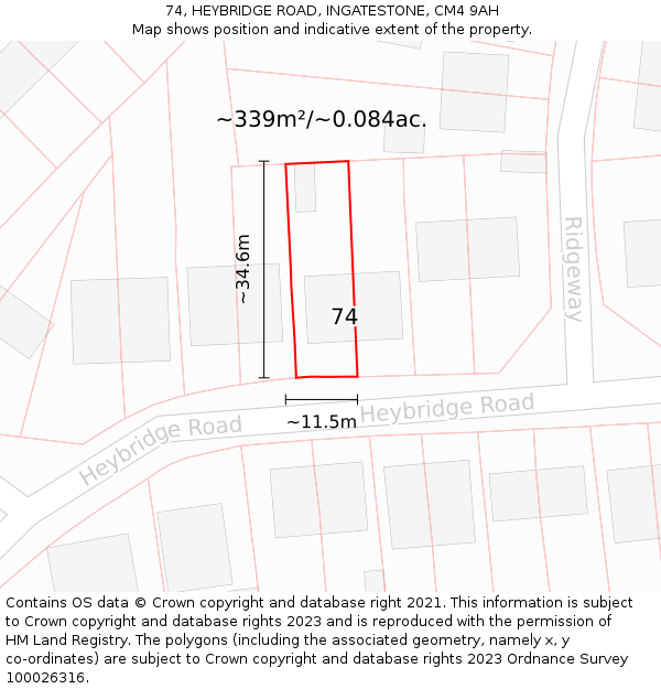 74, HEYBRIDGE ROAD, INGATESTONE, CM4 9AH: Plot and title map