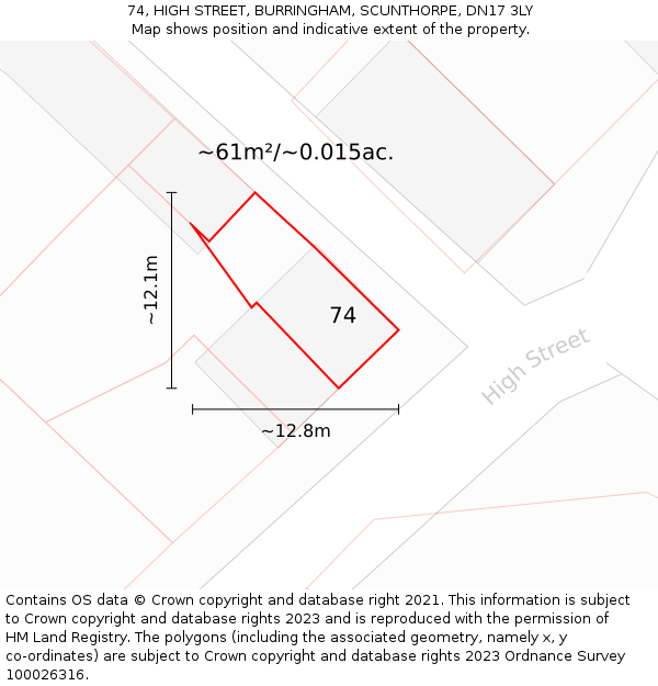 74, HIGH STREET, BURRINGHAM, SCUNTHORPE, DN17 3LY: Plot and title map