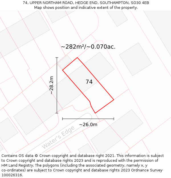 74, UPPER NORTHAM ROAD, HEDGE END, SOUTHAMPTON, SO30 4EB: Plot and title map