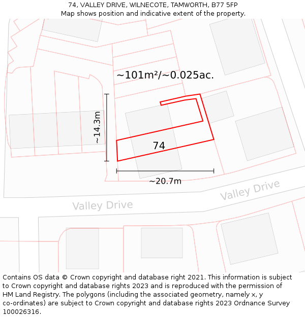 74, VALLEY DRIVE, WILNECOTE, TAMWORTH, B77 5FP: Plot and title map