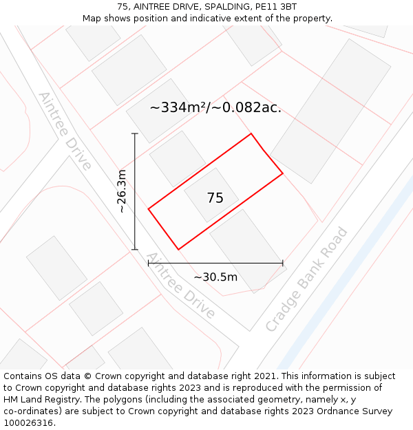 75, AINTREE DRIVE, SPALDING, PE11 3BT: Plot and title map