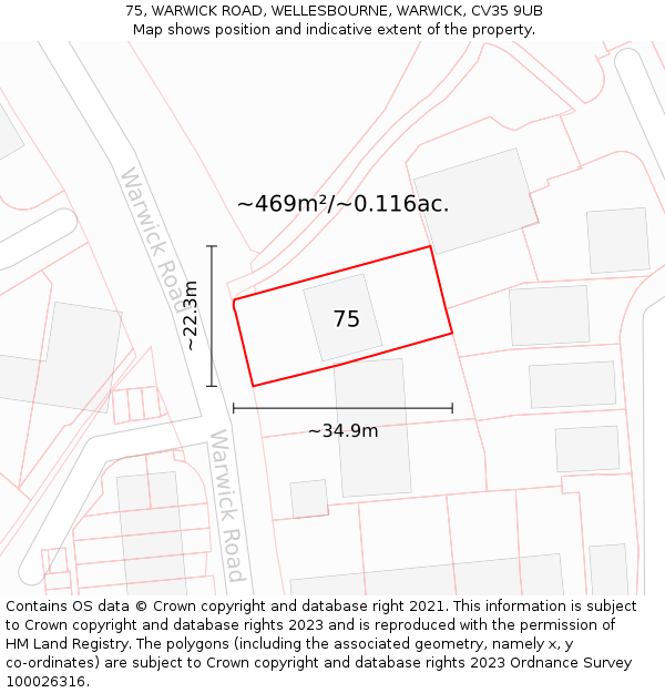 75, WARWICK ROAD, WELLESBOURNE, WARWICK, CV35 9UB: Plot and title map
