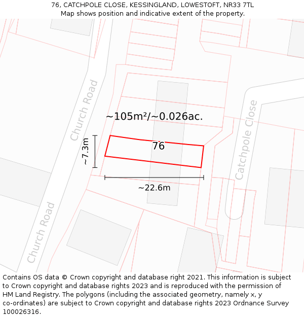 76, CATCHPOLE CLOSE, KESSINGLAND, LOWESTOFT, NR33 7TL: Plot and title map