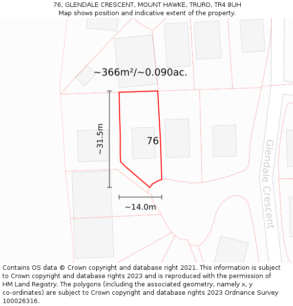 76, GLENDALE CRESCENT, MOUNT HAWKE, TRURO, TR4 8UH: Plot and title map