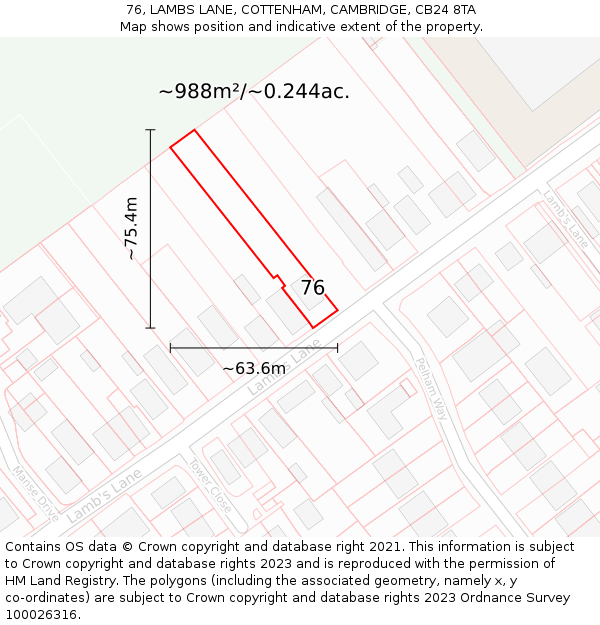 76, LAMBS LANE, COTTENHAM, CAMBRIDGE, CB24 8TA: Plot and title map