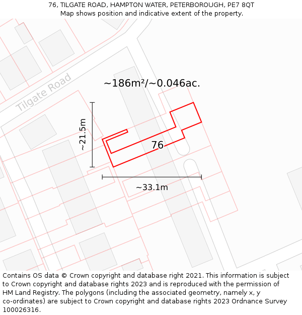76, TILGATE ROAD, HAMPTON WATER, PETERBOROUGH, PE7 8QT: Plot and title map