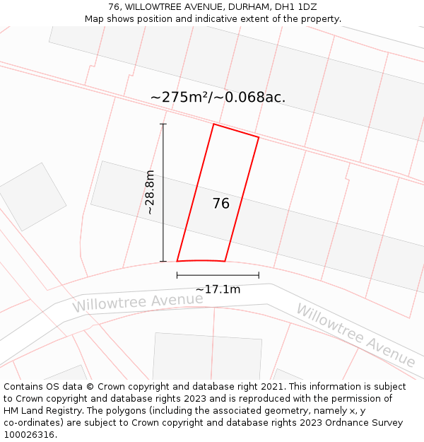 76, WILLOWTREE AVENUE, DURHAM, DH1 1DZ: Plot and title map
