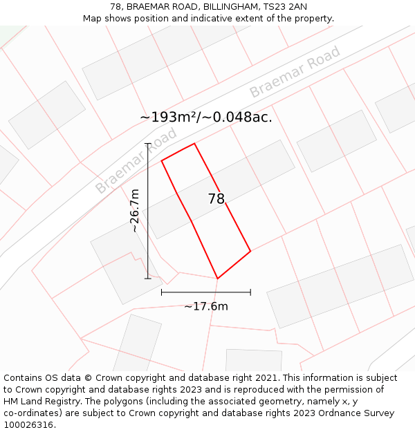 78, BRAEMAR ROAD, BILLINGHAM, TS23 2AN: Plot and title map
