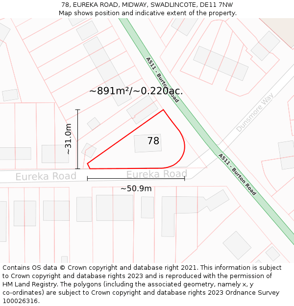 78, EUREKA ROAD, MIDWAY, SWADLINCOTE, DE11 7NW: Plot and title map