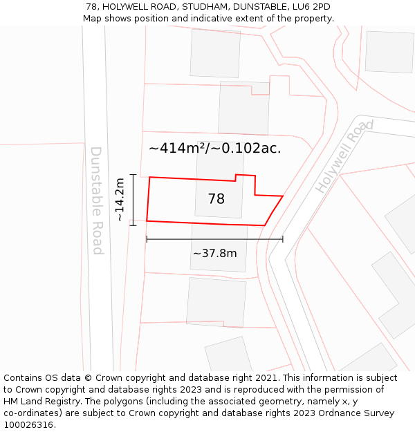 78, HOLYWELL ROAD, STUDHAM, DUNSTABLE, LU6 2PD: Plot and title map