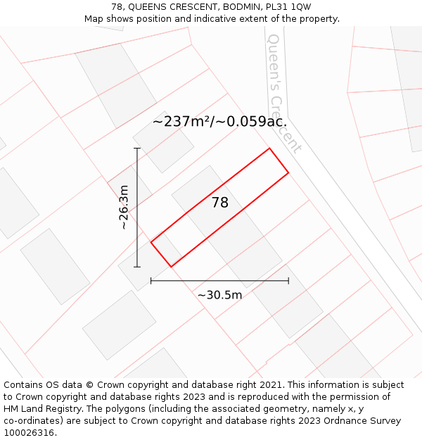 78, QUEENS CRESCENT, BODMIN, PL31 1QW: Plot and title map