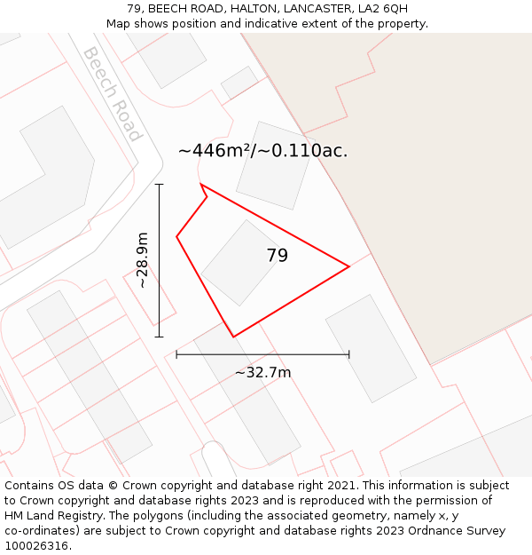 79, BEECH ROAD, HALTON, LANCASTER, LA2 6QH: Plot and title map