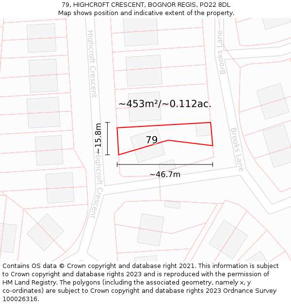 79, HIGHCROFT CRESCENT, BOGNOR REGIS, PO22 8DL: Plot and title map