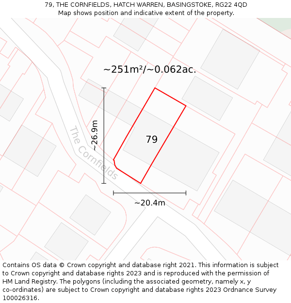 79, THE CORNFIELDS, HATCH WARREN, BASINGSTOKE, RG22 4QD: Plot and title map