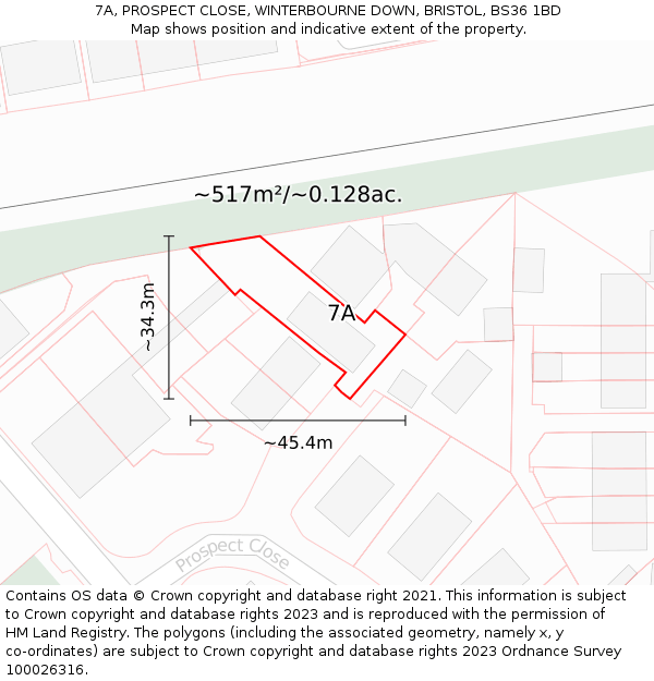 7A, PROSPECT CLOSE, WINTERBOURNE DOWN, BRISTOL, BS36 1BD: Plot and title map