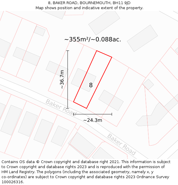 8, BAKER ROAD, BOURNEMOUTH, BH11 9JD: Plot and title map