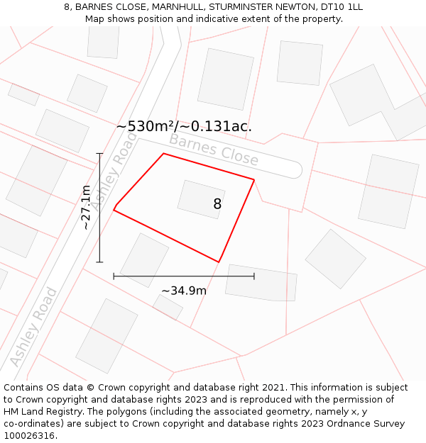 8, BARNES CLOSE, MARNHULL, STURMINSTER NEWTON, DT10 1LL: Plot and title map