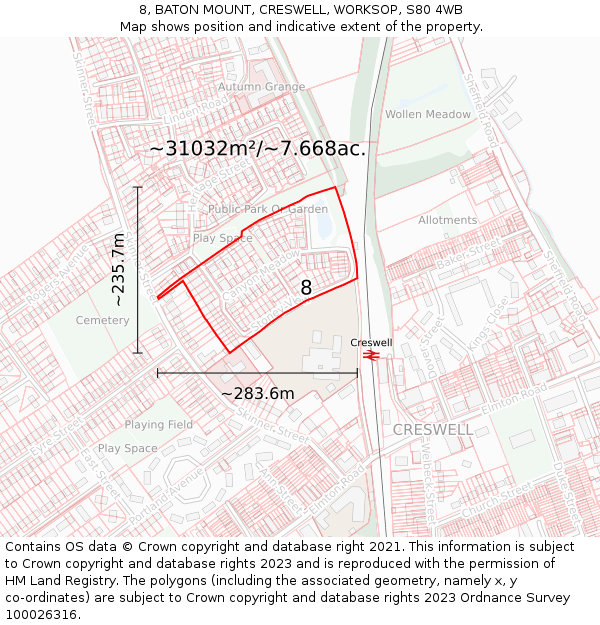 8, BATON MOUNT, CRESWELL, WORKSOP, S80 4WB: Plot and title map