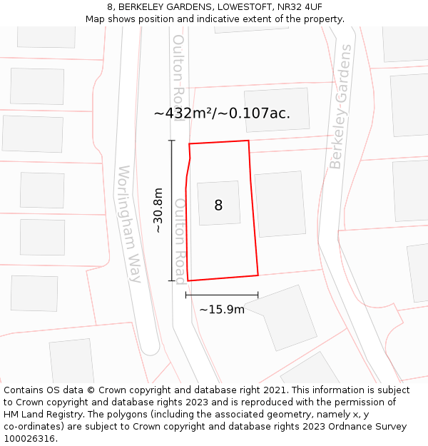 8, BERKELEY GARDENS, LOWESTOFT, NR32 4UF: Plot and title map