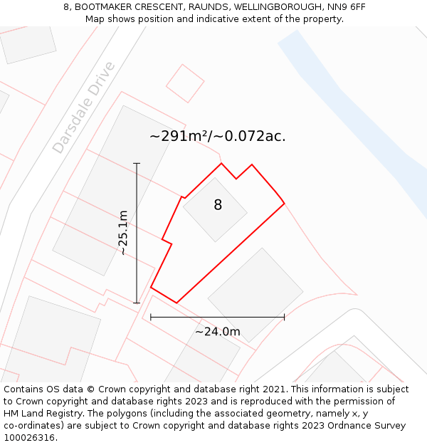 8, BOOTMAKER CRESCENT, RAUNDS, WELLINGBOROUGH, NN9 6FF: Plot and title map