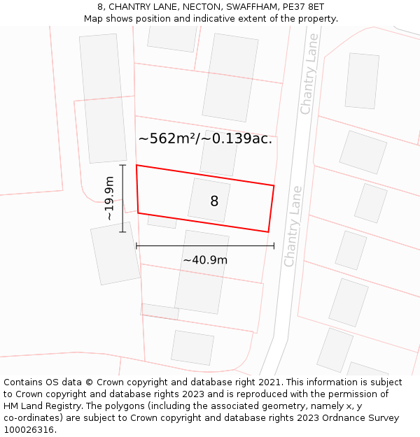 8, CHANTRY LANE, NECTON, SWAFFHAM, PE37 8ET: Plot and title map