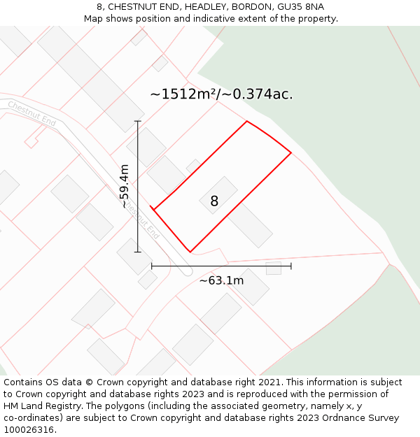 8, CHESTNUT END, HEADLEY, BORDON, GU35 8NA: Plot and title map