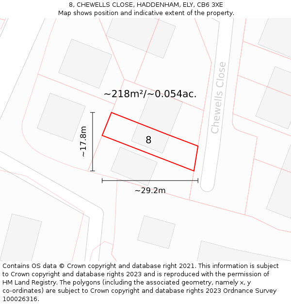 8, CHEWELLS CLOSE, HADDENHAM, ELY, CB6 3XE: Plot and title map