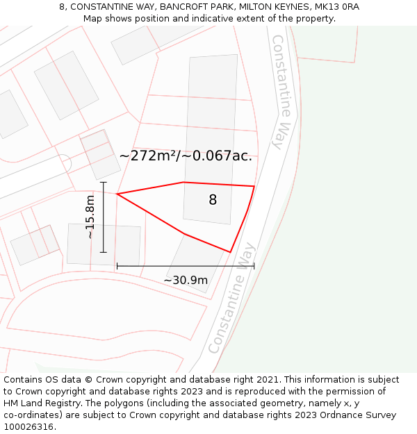8, CONSTANTINE WAY, BANCROFT PARK, MILTON KEYNES, MK13 0RA: Plot and title map