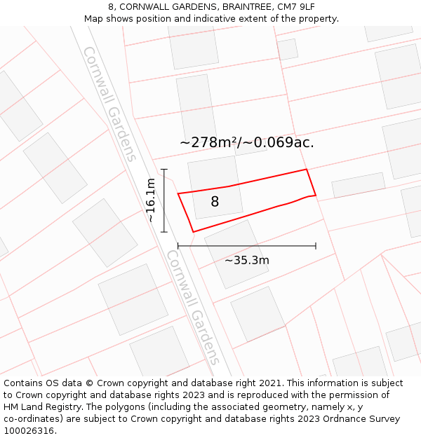 8, CORNWALL GARDENS, BRAINTREE, CM7 9LF: Plot and title map