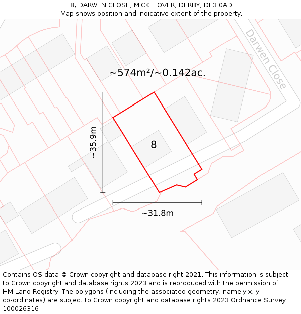 8, DARWEN CLOSE, MICKLEOVER, DERBY, DE3 0AD: Plot and title map