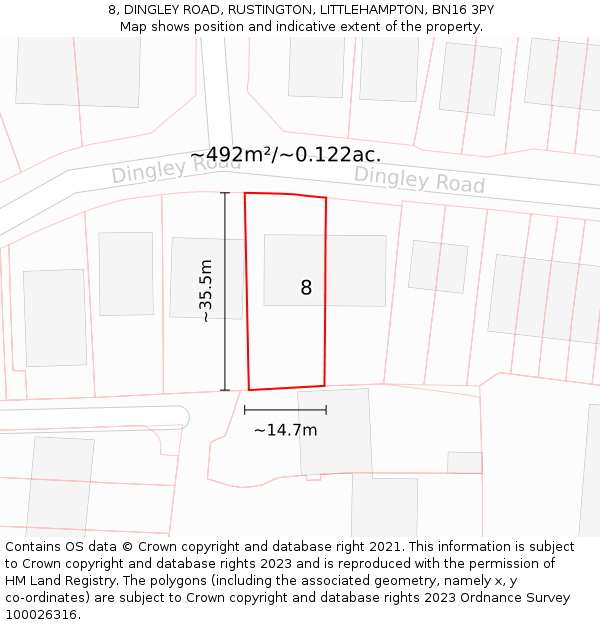 8, DINGLEY ROAD, RUSTINGTON, LITTLEHAMPTON, BN16 3PY: Plot and title map
