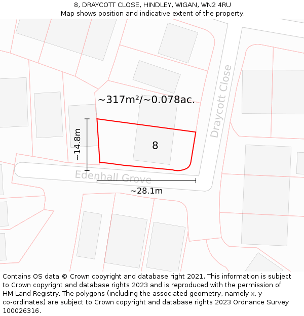 8, DRAYCOTT CLOSE, HINDLEY, WIGAN, WN2 4RU: Plot and title map
