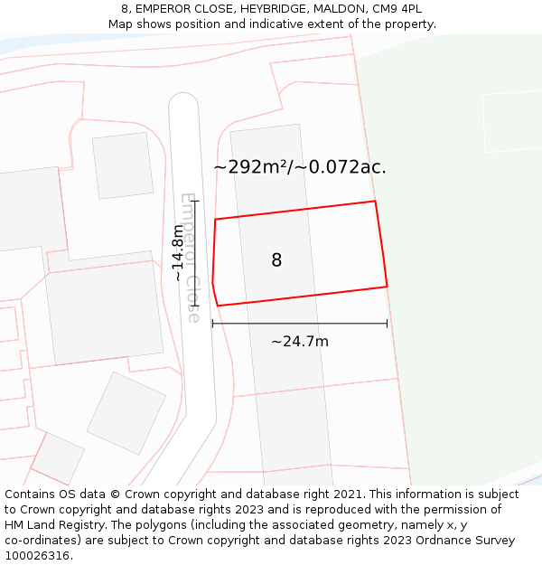 8, EMPEROR CLOSE, HEYBRIDGE, MALDON, CM9 4PL: Plot and title map