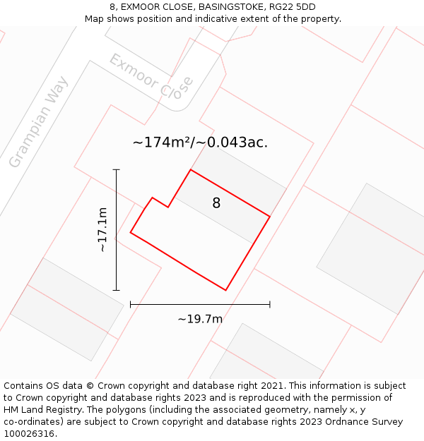 8, EXMOOR CLOSE, BASINGSTOKE, RG22 5DD: Plot and title map