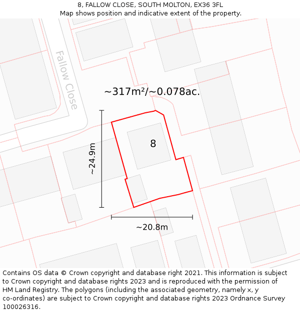 8, FALLOW CLOSE, SOUTH MOLTON, EX36 3FL: Plot and title map