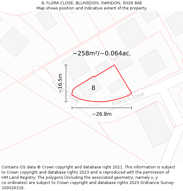 8, FLORA CLOSE, BLUNSDON, SWINDON, SN26 8AE: Plot and title map