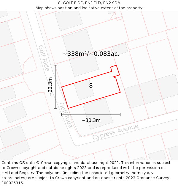 8, GOLF RIDE, ENFIELD, EN2 9DA: Plot and title map