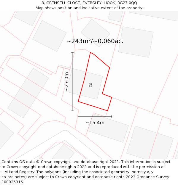 8, GRENSELL CLOSE, EVERSLEY, HOOK, RG27 0QQ: Plot and title map