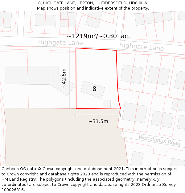 8, HIGHGATE LANE, LEPTON, HUDDERSFIELD, HD8 0HA: Plot and title map
